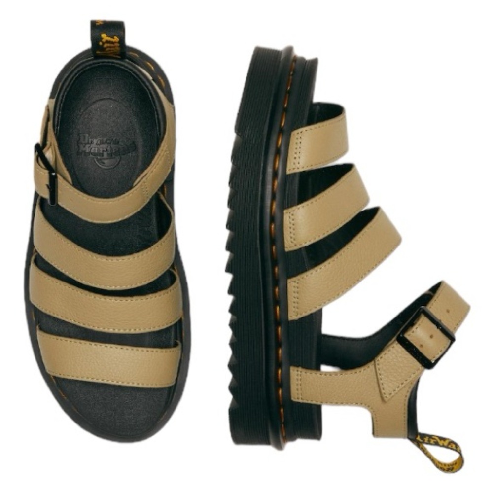 Dr. Martens Blaire Pisa Leather 3 Strap Sandals in Pale Olive